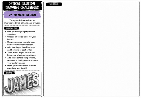 3D Name Design Drawing Challenge Worksheet | KS2 KS3 KS4 Art | Typography & Perspective