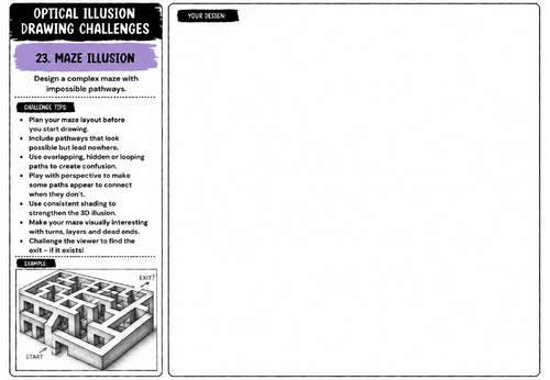 Maze Optical Illusion Drawing Challenge Worksheet | KS2 KS3 KS4 Art | Pattern & Problem Solving