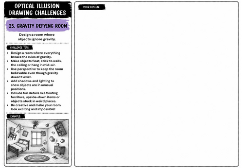 Gravity Defying Room Drawing Challenge Worksheet | KS2 KS3 KS4 Art | Perspective & Interior Design