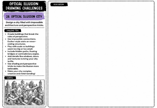 Optical Illusion City Drawing Challenge Worksheet | KS2 KS3 KS4 Art | Impossible Architecture