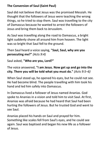 The Conversion of Saul (Saint Paul) – Reading Comprehension