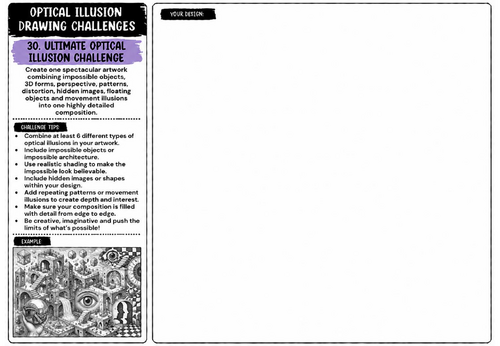 Ultimate Optical Illusion Drawing Challenge Worksheet | KS2 KS3 KS4 Art | Perspective, 3D & Pattern