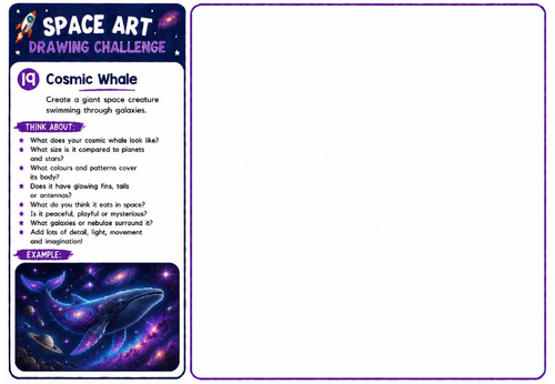 Space Art Drawing Challenge – Cosmic Whale | KS2 KS3 Fantasy Space Creature Worksheet