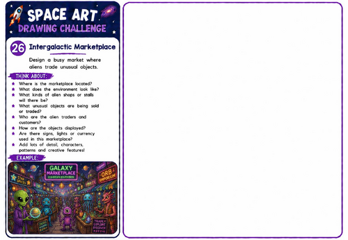 Space Art Drawing Challenge – Intergalactic Marketplace | KS2 KS3 Creative Space Scene Worksheet