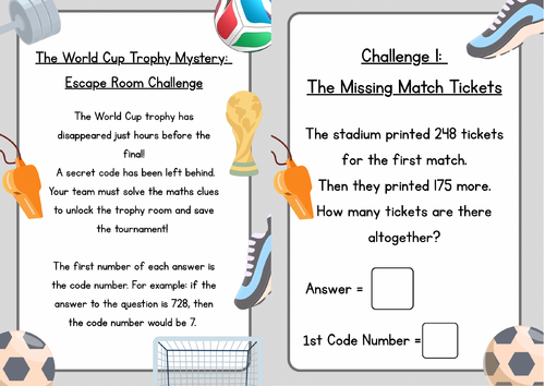 World Cup Maths Mystery Escape Room Challenge Year 2/Year 3