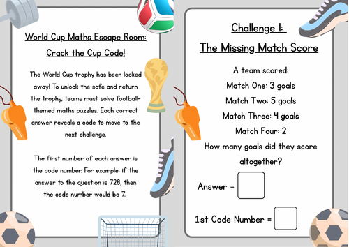 World Cup Maths Escape Room Mystery Challenge Year 3/Year 4