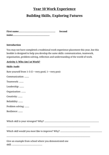 Y10 Work Experience Booklet for Students Without Placements