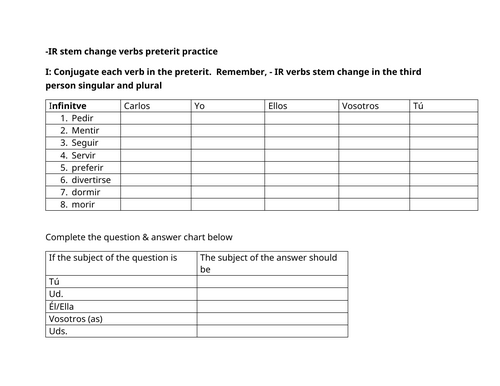 IR stem change preterit verbs practice