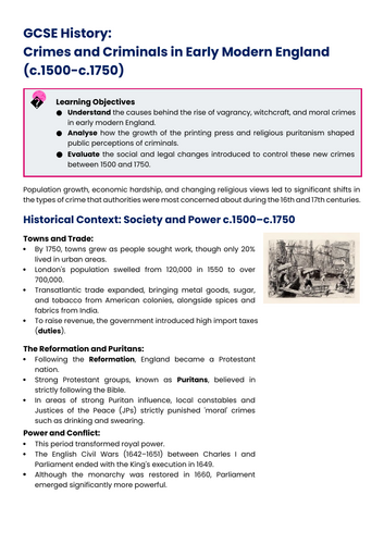 GCSE History - Types of Criminals and Crimes in the 16th and 17th Centuries