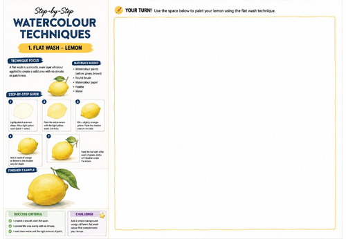 Step-by-Step Watercolour Techniques | Flat Wash Lemon | KS3 Art Watercolour Worksheet | Painting Ski