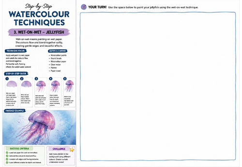 Step-by-Step Watercolour Techniques | Wet-on-Wet Jellyfish | KS3 Art Watercolour Worksheet | Paintin