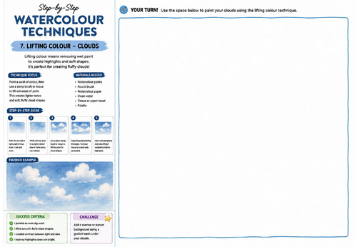 Step-by-Step Watercolour Techniques | Lifting Colour Clouds | KS3 Art Watercolour Worksheet