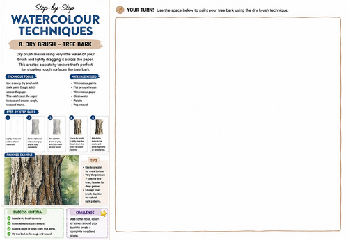 Step-by-Step Watercolour Techniques | Dry Brush Tree Bark | KS3 Art Watercolour Worksheet