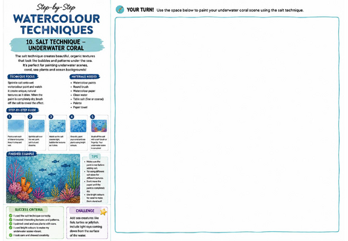 Step-by-Step Watercolour Techniques | Salt Technique Underwater Coral | KS3 Art Watercolour Workshee