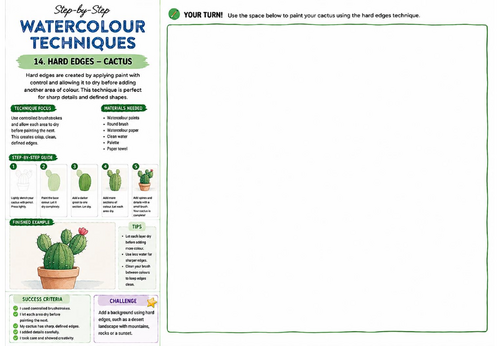 Step-by-Step Watercolour Techniques | Hard Edges Cactus | KS3 Art Watercolour Worksheet