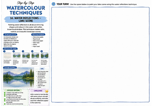 Step-by-Step Watercolour Techniques | Water Reflections Lake Scene | KS3 Art Watercolour Worksheet