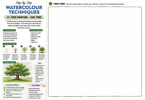 Step-by-Step Watercolour Techniques | Tree Painting Oak Tree | KS3 Art Watercolour Worksheet