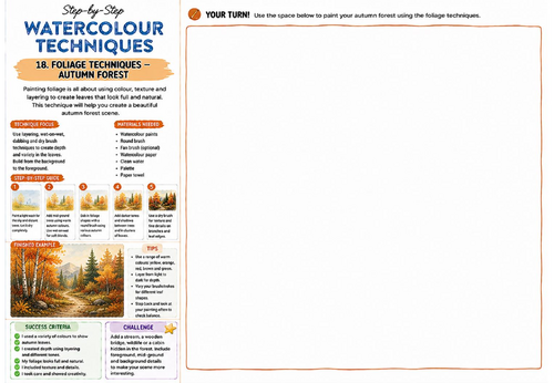 Step-by-Step Watercolour Techniques | Foliage Techniques Autumn Forest | KS3 Art Watercolour Workshe