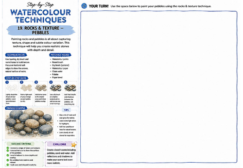 Step-by-Step Watercolour Techniques | Rocks & Texture Pebbles | KS3 Art Watercolour Worksheet