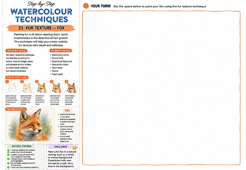 Step-by-Step Watercolour Techniques | Fur Texture Fox | KS3 Art Watercolour Worksheet | Painting Ski
