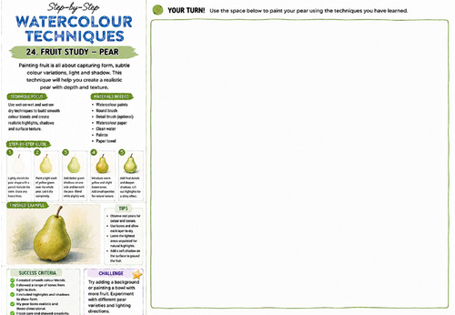 Step-by-Step Watercolour Techniques | Fruit Study Pear | KS3 Art Watercolour Worksheet