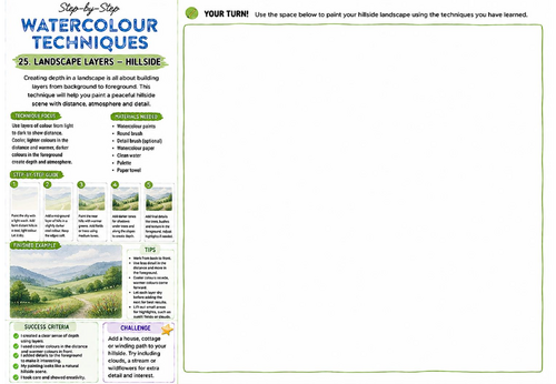 Step-by-Step Watercolour Techniques | Landscape Layers Hillside | KS3 Art Watercolour Worksheet