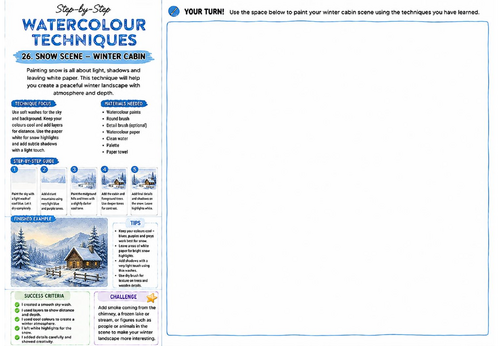 Step-by-Step Watercolour Techniques | Snow Scene Winter Cabin | KS3 Art Watercolour Worksheet