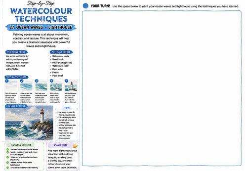 Step-by-Step Watercolour Techniques | Ocean Waves Lighthouse | KS3 Art Watercolour Worksheet