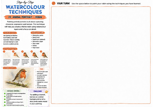 Step-by-Step Watercolour Techniques | Animal Portrait Robin | KS3 Art Watercolour Worksheet