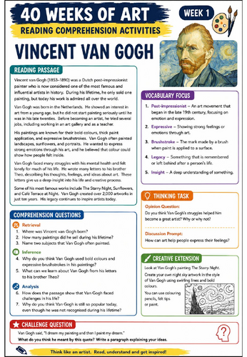 Vincent van Gogh Reading Comprehension Activity | KS3 Art Literacy Worksheet | Cover Lesson