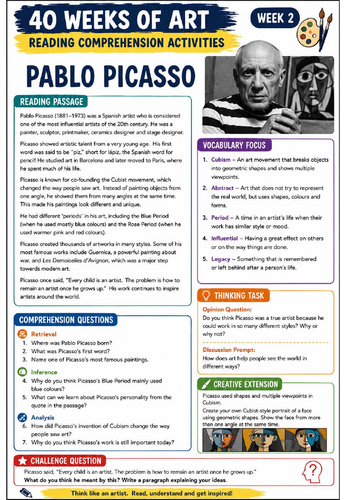 Pablo Picasso Reading Comprehension Activity | Cubism KS3 Art Literacy Worksheet