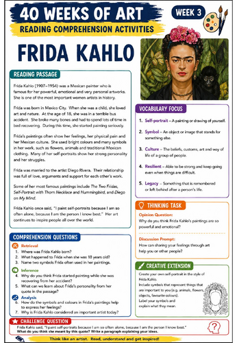 Frida Kahlo Reading Comprehension Activity | KS3 Art Literacy & Artist Study Worksheet