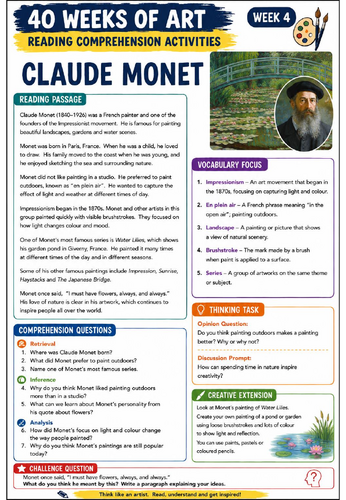 Claude Monet Reading Comprehension Activity | Impressionism KS3 Art Worksheet