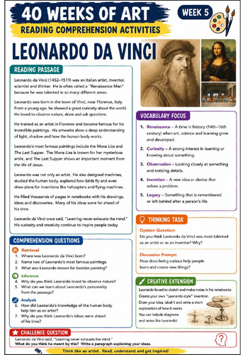 Leonardo da Vinci Reading Comprehension Activity | Renaissance KS3 Art Worksheet