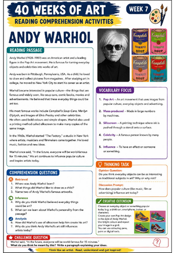 Andy Warhol Reading Comprehension Activity | Pop Art KS3 Art Literacy Worksheet