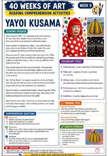Yayoi Kusama Reading Comprehension Activity | Contemporary Art KS3 Worksheet