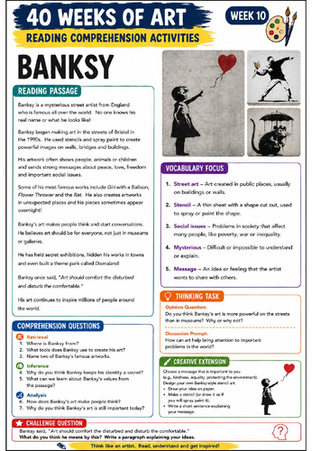 Banksy Reading Comprehension Activity | Street Art KS3 Art Literacy Worksheet