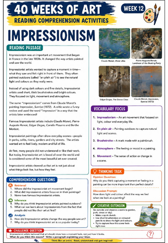Impressionism Reading Comprehension Activity | KS3 Art Movement Literacy Worksheet