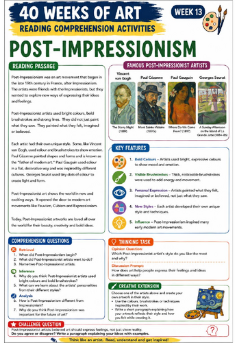 Post-Impressionism Reading Comprehension Activity | KS3 Art Literacy Worksheet