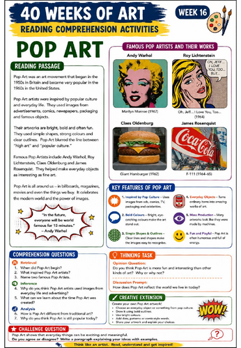 Pop Art Reading Comprehension Activity | KS3 Art Literacy Worksheet