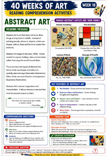 Abstract Art Reading Comprehension Activity | KS3 Art Literacy Worksheet