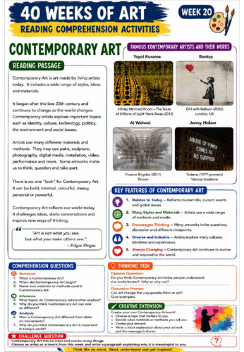 Contemporary Art Reading Comprehension Activity | KS3 Art Literacy Worksheet