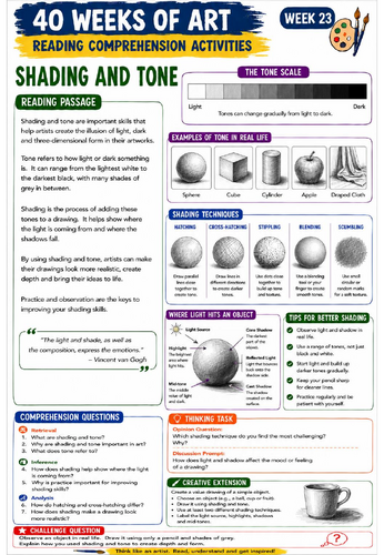 Shading and Tone Reading Comprehension Activity | KS3 Art Literacy Worksheet