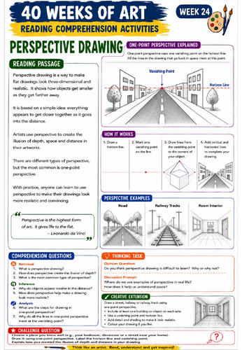 Perspective Drawing Reading Comprehension Activity | One-Point Perspective KS3 Art Worksheet