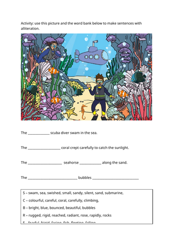 Making alliteration sentences: A First Book of the Sea Bookwrites Texts That Teach