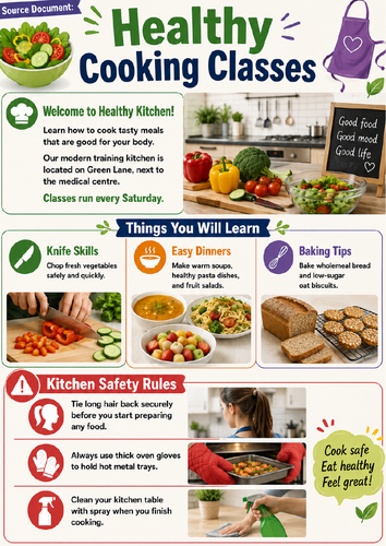 Functional Skills English Entry Level 2 Reading Assessment – Healthy Cooking Classes