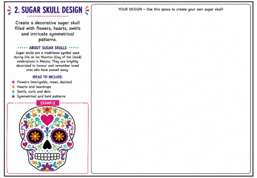 Sugar Skull Design Art Worksheet | Day of the Dead Drawing Activity | Mexican Folk Art KS2 KS3