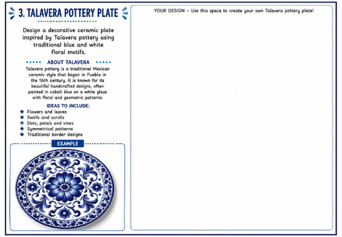 Talavera Pottery Plate Art Worksheet | Mexican Ceramic Design Activity | KS2 KS3 Folk Art