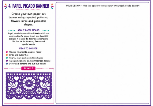 Papel Picado Banner Art Worksheet | Mexican Folk Art Paper Design Activity | KS2 KS3