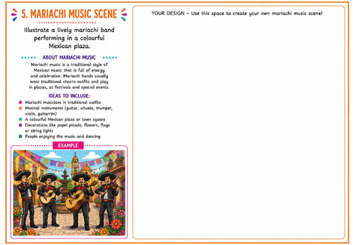 Mariachi Music Scene Art Worksheet | Mexican Culture Drawing Activity | KS2 KS3 Folk Art